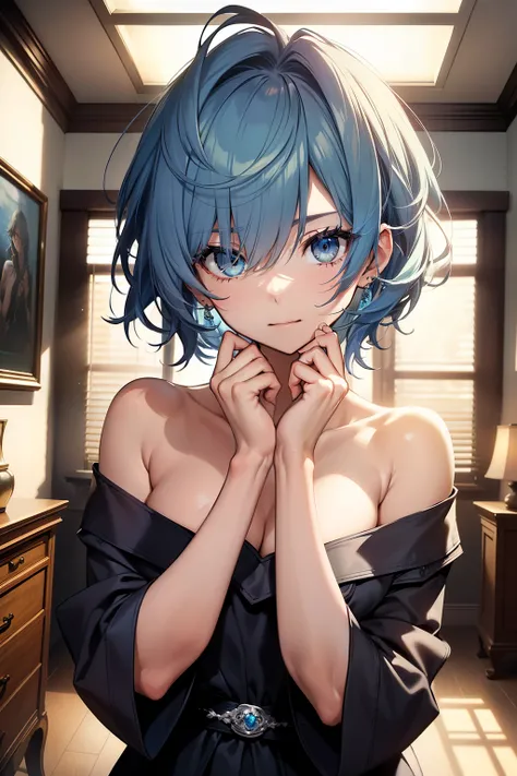 random posture、(((naked))), mix 4、(In 8K、RAW photo、highest quality、masterpiece:1.2)、short hair, blue hair, ,  beautiful blue haired girl, flowing blue hair, rich blue colors,(background dim bedroom）,one girl、professional lighting、（masterpiece）、（elaborate C...