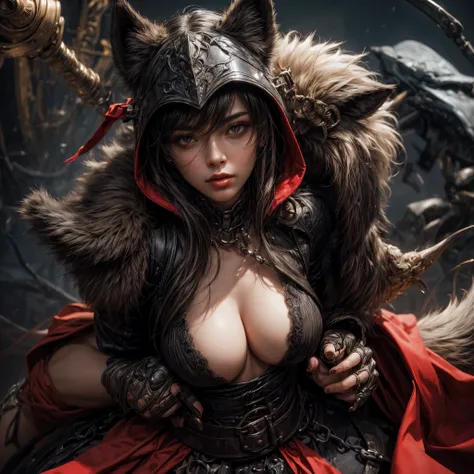 A sensual and lascivious Little Red Riding Hood, seductive and with a lustful look, wearing only a very short hood, while the wolf stalks her with evil intentions, nsfw, exposed, exposed breats