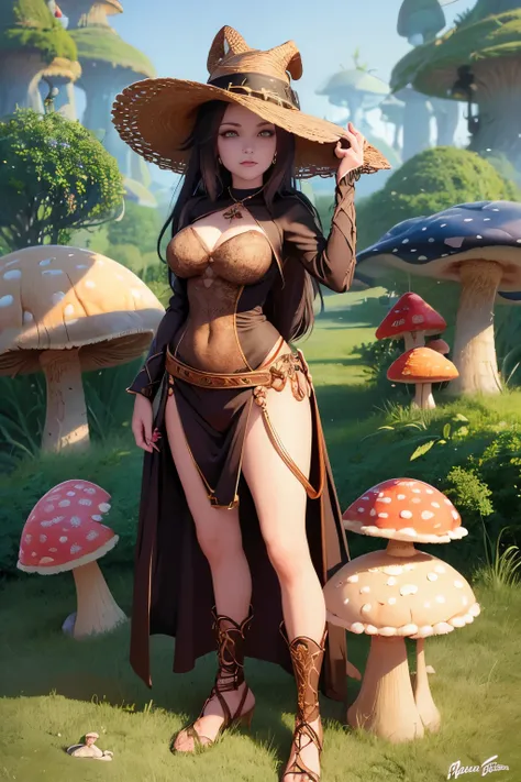 here a woman with a hat on standing in a field of mushrooms, peter mohrbacher. unreal engine, peter mohrbacher style, mohrbacher, style of peter mohrbacher, wlop and krenz cushart, in style of peter mohrbacher, in the art style of mohrbacher, peter mohrbac...