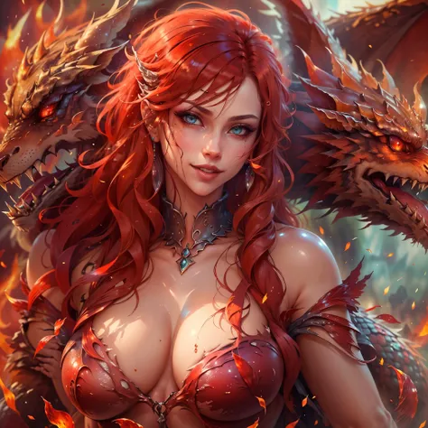 (best quality,4k,8k,highres,masterpiece:1.2), ultra-detailed, realistic, naked sexy dragon woman with red glittering scales, long fiery red hair, very playful but mischievous smile, huge tits, gigantic breasts, naked, nude, detailed crotch, detailed vulva,...