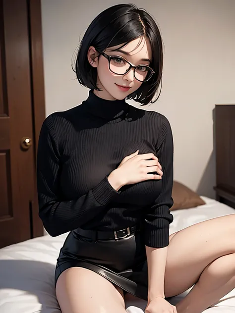 black short bob, medium breast, brown eyes, adult lady, black tight sweater, black tight skirt,black glasses, add detail, masterpiece, sitting on the bed,seductive smile, shiny skin, shiny body, 1girl