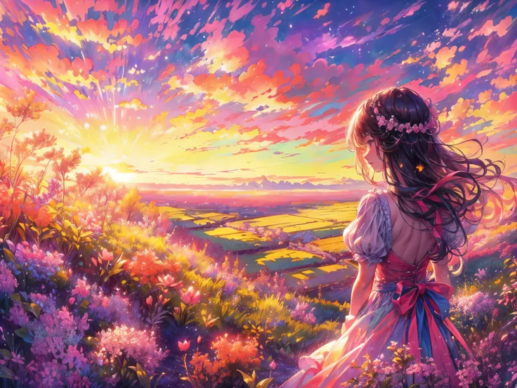 A stunning wide view image of an anime Young woman looking at the vast plain, countless of grass and colorful flowers, dreamlike sky, fluffy clouds, vibrant sunset colors, gentle breeze blowing through her hair, from behind , elegant flowing dress, surroun...