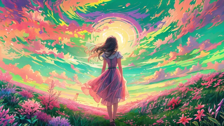 A stunning wide view image of an anime Young woman looking at the vast plain, countless of grass and colorful flowers, dreamlike sky, fluffy clouds, vibrant sunset colors, gentle breeze blowing through her hair, from behind , elegant flowing dress, surroun...