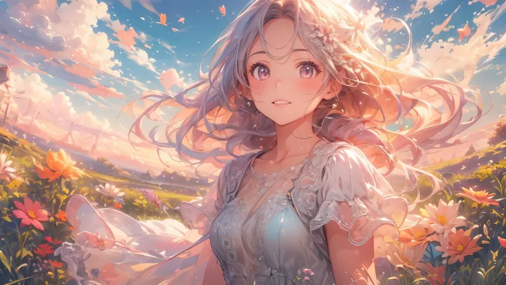 a stunning wide view image of an anime young woman looking at the vast plain, countless of grass and colorful flowers, dreamlike...