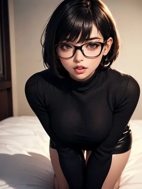 black short bob, medium breast, brown eyes, adult lady, black tight sweater, black tight skirt,black glasses, add detail, masterpiece,on all fours on the bed,embarrassed,flushed cheek,open mouth, shiny skin, shiny body, 1girl