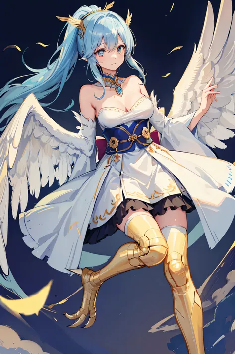 4K,High resolution,one woman,harpy,light blue hair,long ponytail,big breasts,white wings,golden toenails,goddess,goddessのドレス,winged hat,Jewelry Decoration,Temple in the Sky,night background