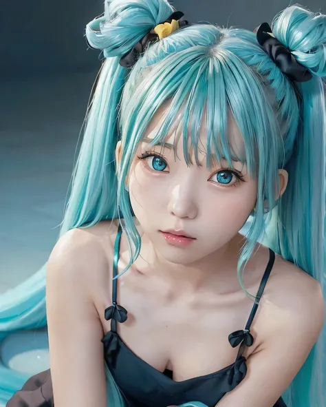 {The theme is Hatsune Miku}、(crazy turquoise long hair:1.5)、twin tails、((black ribbon scrunchie))、(black　camisole dress)、, shiny hair, expressive hair, crystal hair, gradient eyes, Artistic, conceptual art, glitter effect , shine, UHD, retina, masterpiece,...