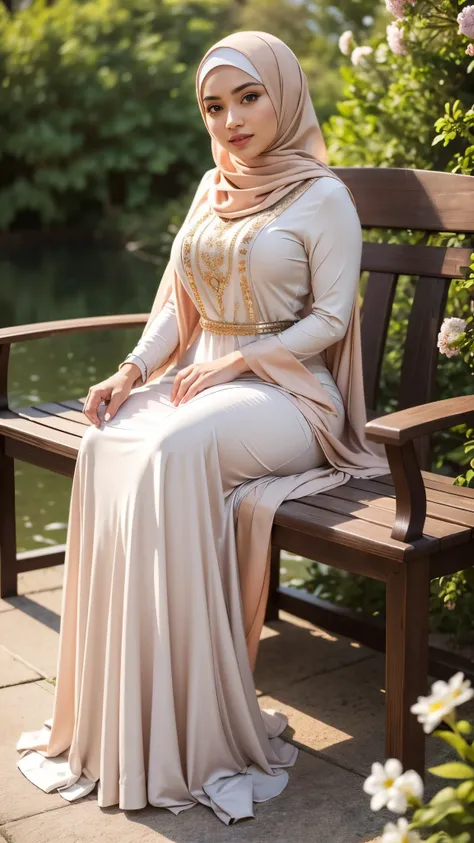 ( Close Up),RAW, Best quality, high resolution, masterpiece: 1.3), beautiful Malay woman in hijab,Masterpiece, perfect fit body, big breast,big gorgeous eyes, Soft smile,beutiful face,thick thighs,  women in long dresses standing on a bench with flowers, l...