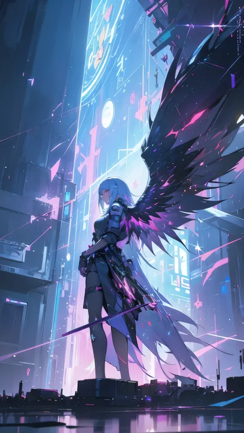 **Forgotten Wings, desolation, cyber image, wallpaper, numerical formulas, electronic circuits, neon colors, content expression, cyberpunk magic, sparkles, god rays, best quality, masterpiece,