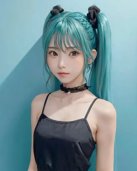 {The theme is Hatsune Miku}、(crazy turquoise long hair:1.5)、twin tails、((black ribbon scrunchie))、(black　camisole dress)、, shiny hair, expressive hair, crystal hair, gradient eyes, Artistic, conceptual art, glitter effect , shine, UHD, retina, masterpiece,...