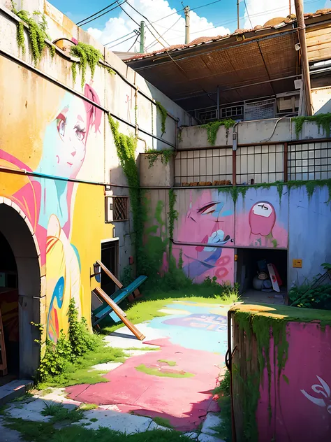 graffiti on the wall of a building with a womans face painted on it, by Gina Pellón, by Luis Molinari, colorful mural on walls, by Ingrida Kadaka, painted on a giant wall, graffiti and posters on the wall, artist unknown, masterpiece work of art, by Ignaci...