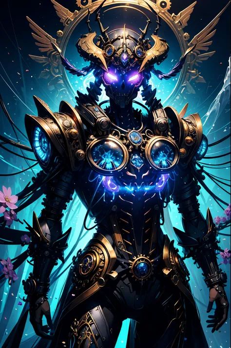 (Masterpiece, best quality :1.3), ultra-detailed, intricate, 8k, HDR, wallpaper, blue-gold color scheme, (glowing red, cross-shaped glow, blooming flowers)), gun, (shooting position), Glow, Royal Crown, armor, Glowing red eyes, Metal Mecha, metal wings, Th...