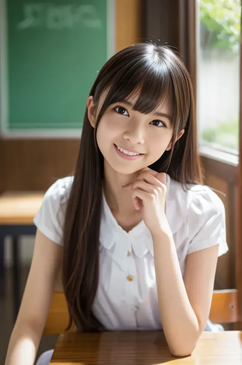 table top, highest quality, 8K, high school girl、white blouse、beautiful girl、idol face、16 years old、laughter、In the classroom of the Japan、portrait、high detail、background blur、D cup breasts、shortcut、masterpiece, 超be familiar withな, ultra high resolution, D...