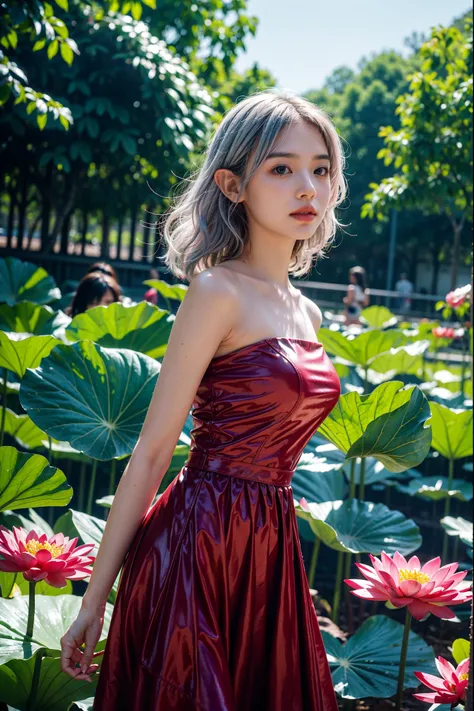 (pink girly tone:1.2), 1 girl, portrait, Elf, silver hair, alone, cowboy shooting, (dynamic poses:1.4), red dress, only_Shoulder, Giant lotus leaf, watching_exist_audience, cinemexistic lighting, 50mm, F0.8, depth of field, Bokeh, sharpen, White skin