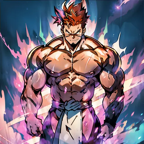 ((anime style art)), top picture, up and down angle, very muscular male character, bodybuilder black mohawk,beard、angry expressi...