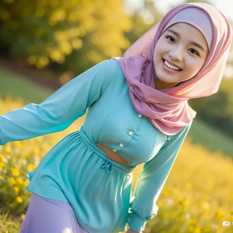 Malay girl in long hijab wear baju kurung, pastel color, walking in sunflower field, windy, blown her hijab, front view, detail skin, detail skin texture, mole below eyes, small breast, wide hips, small waist, thick thigh, slim abs, beautiful body, sunrise...