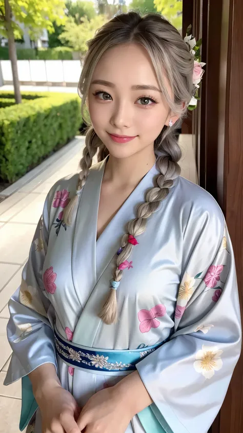 beautiful silver-haired kimono woman、fancy floral kimono、My cute girlfriend is a kimono model.、green eyes、Beautiful smile、he is short、Braid、hair ornaments、Colorful and flashy kimono、