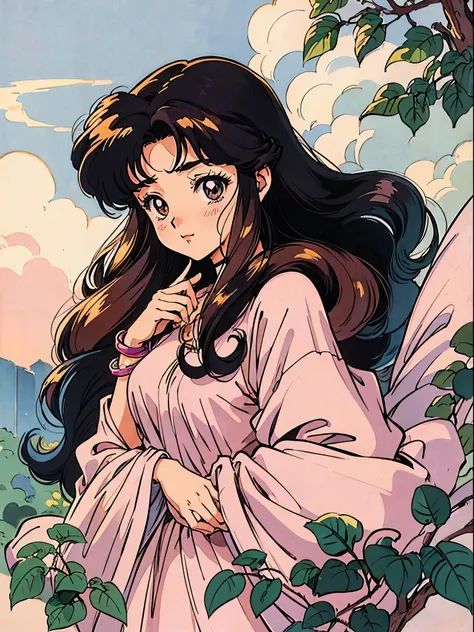 girl with long perm hair,(Vintage 90s:1.1),(Romance Anime Style:1.3),, Tobacco