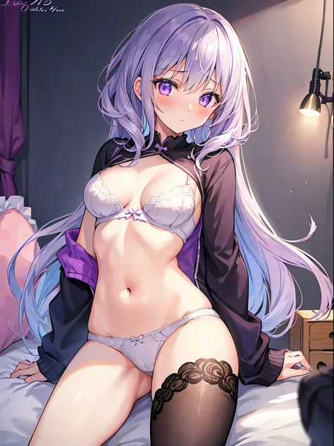 1girl , Silver medium hair, purple eyes, cute, blush, medium breasts⁩, undergarment , bedroom, seductiv, streaks in underwear, open legs
