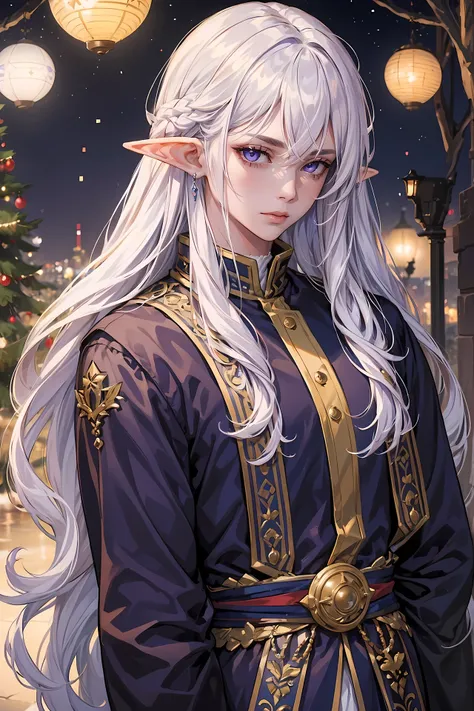 (masterpiece, 8k, ultra detailed), 1guy, create a portrait of a gorgeous elf king, long white hair, purple eyes, bokeh, glimmer,