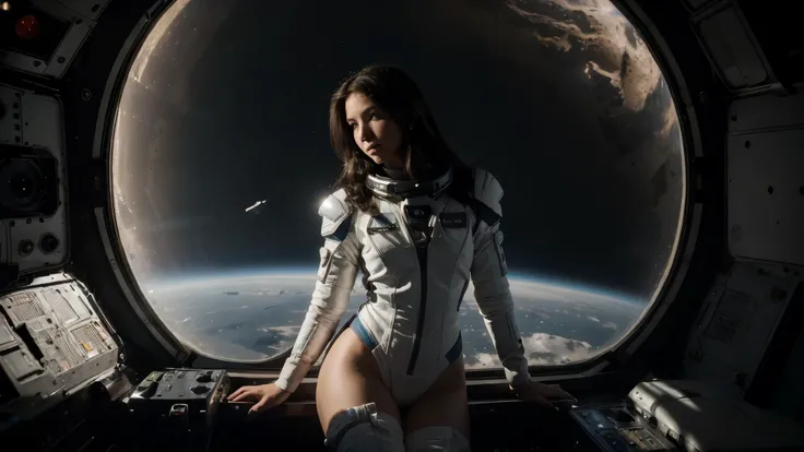 Toma de la astronauta a distancia, ((retrato de cuerpo completo)), ((toma de camara desde atras de la mujer)), a beautiful 24 year old brunette woman, ((In a spacesuit inside a space station)), ((se ve ingravida dentro de la nave espacial)), pelo largo flo...