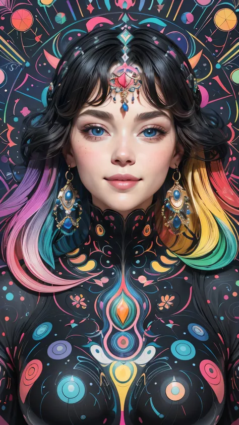 An optical illusion of a woman painted with black geometric shapes and an exquisite limited palette of colors in the bifrost (a warm expressive multicolored background glow) wow! (spectacular minimalist unique piece) (perfect and precise) (stark and serene...