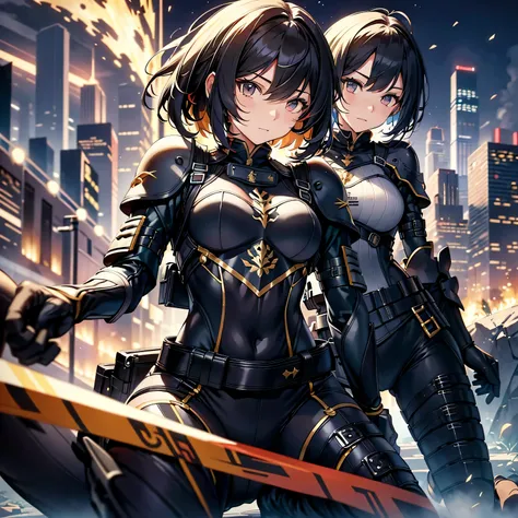 best quality，T Masterpiece，ultimate resolution，fluff，非常にcolorful，colorful，female combatant，（kneeling pose）（pointing at you with his butt）mature woman，Black Super Short Hair，tight combat uniform，tight suit，Steel City Background，night，normal posture，normal p...