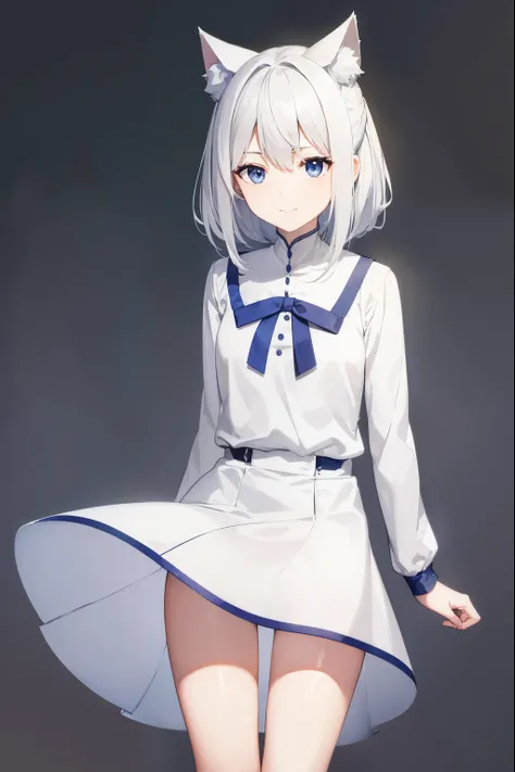 Super high quality、super delicate、pure white background 1.5、simple background、cat ears、silver hair、half updo、hair between eyes、delicate eyes、A sloppy smile、Oblique face、above the knee、uniform