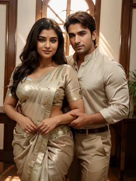 a curvy brown middle-aged Indian woman with chubby cheeks in a saree (bindi) and a handsome hunky young white Caucasian man, highres, ultra-detailed, photorealistic:1.37, vivid colors, studio lighting, portraits, landscape, traditional art, warm color pale...