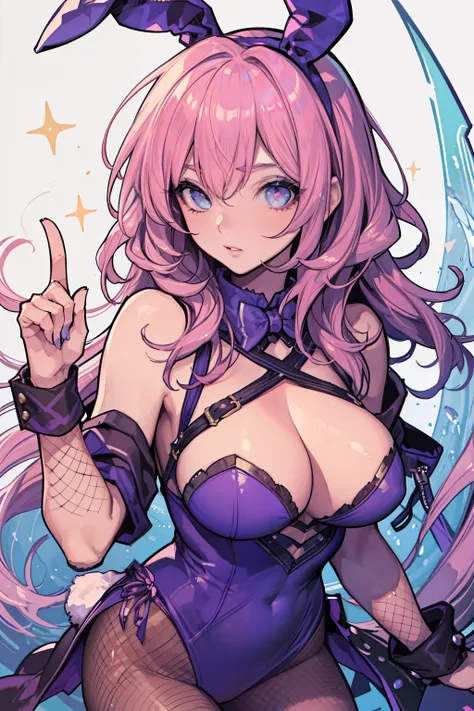 Beautiful woman, sparkling eyes, false eyelashes, pink lips, big and full breasts, Bunny girl, upper arm, Thumb and four fingers, anatomically correct fingers, detailed description, punk, Fishnet tights,