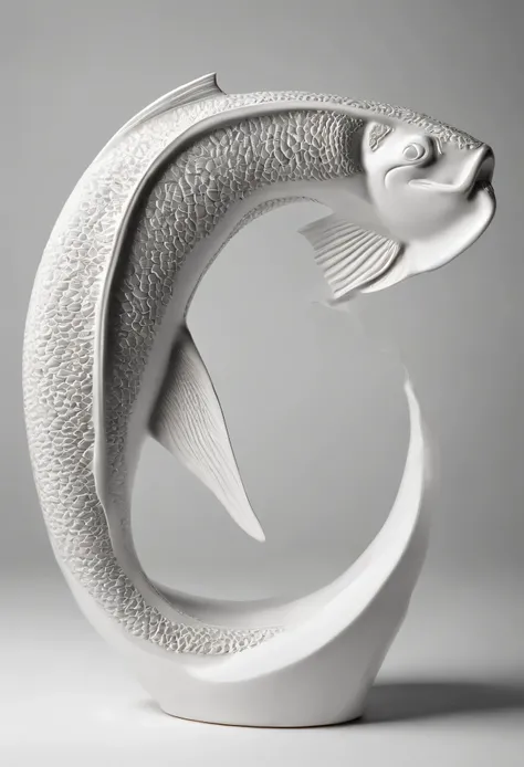 a sculpture of a modern salmon fish with very smooth curves on a white background, organic ceramic shape, raio mental, monochrome 3 d model, 3D ceramics, high quality rendering, Modelos 3D, escultura em porcelana branca, White ornamental salmon