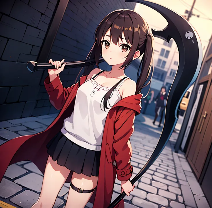 ((masterpiece)), ((high quality)), ((best quality)),8k wallpaper, 1 girl, a girl walking on cobblestone street, ((local cobblestone street background)),afternoon time,people walking, anime best girl, young anime girl, anime K-On!,Nakano Azusa,balck hair,(l...