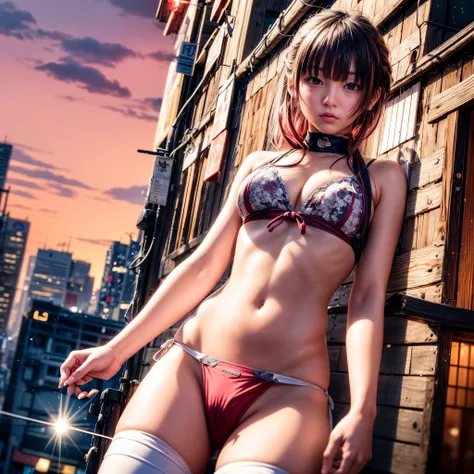 ((NSFW:-0.95)), (((nipple:-0.9))), ((Acutance:0.85)), (from below) . The background is the downtown area at (Twilight:1.4), (((Red-dyed clouds above hed:1.2))), { Skyscrapers Shining in the setting sun | (many colorful Lights:1.2) | (lens flare) | Burning ...