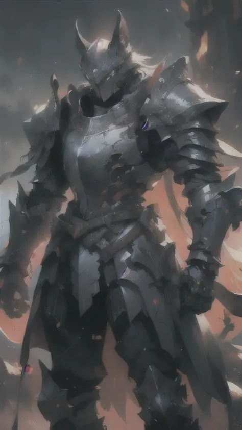 (Male knight in full black armor, Medieval and sci-fi fusion world, Technology of the future, Intergalactic environments, Magnificent landscape, An epic battle scene, Advanced weapons, The armor has stains., The armor had the appearance of a wolf. ,complic...