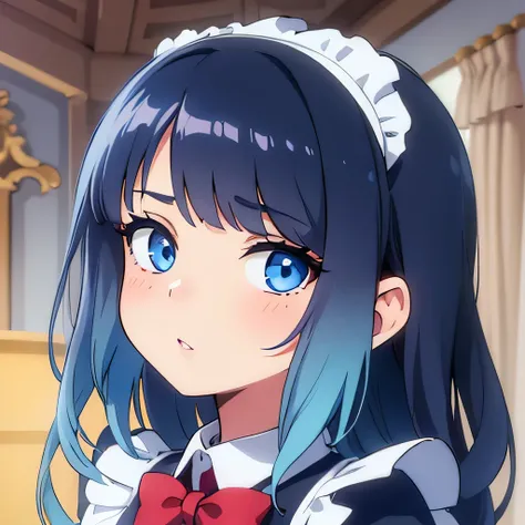 High quality, masterpiece (One girl) Dark hair. Blue eyes. maid outfit. red bow. Against the background of a luxurious room.