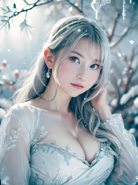 ((High quality)),masutepiece,(Detailed depiction of local details:1.2),1girl in,large full breasts、cleavage of the breast、Blue eyes,Closed mouth,Eyelashes,Looking at Viewer,Portrait,Solo,upper body closeup、portlate,White hair,White theme,(tmasterpiece, 8K,...