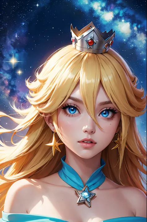 (face portrait),(masterpiece), best quality, expressive eyes, perfect face, highres, 1 girl, solo, rosalina, blonde hair, blue eyes, hair over one eye, long hair, blue dress, crown, dress, earrings, jewelry, princess, robe, bare shoulders, star earrings, s...