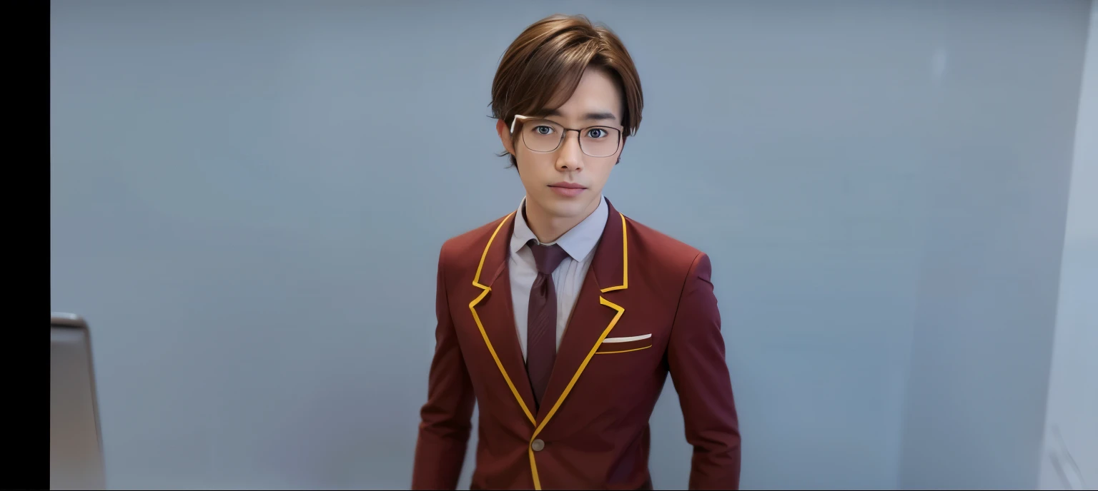 Japanese man, light brown hair, wearing glasses, school uniform 