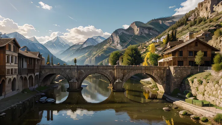 masterpiece, highest quality, Realistic photo of a small town in the mountains, In the style of an epic fantasy scene, Roman art and architecture, terragen, Golden Light, romantic river scenery, neogeo, Arched doorway