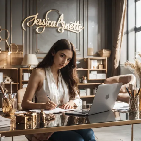 a woman is writing in a luxurious work room, with a work desk in front of her, laptop and other writing equipment, the backgroun...