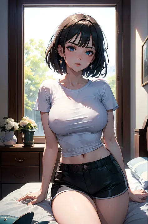 ((((masterpiece, best quality, high resolution)))), very detailed 8K, Beautiful girl with a slender body, (Ultra HD, very detailed, very detailed, very realistic, surreal, realistic photo), (1 woman:1.5), (Realistic black hair), (short wavy hair), bob cuts...