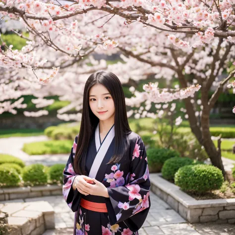 beautiful woman、16 years old、black long hair、spring kimono、plum blossom garden