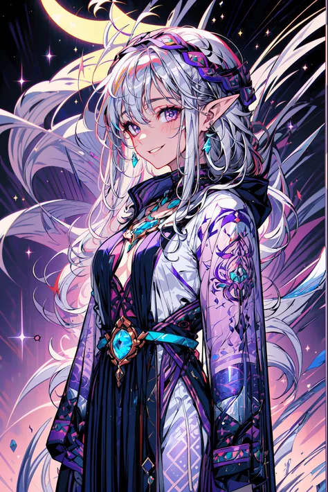 portrait of a dark elf, ((dark skin)), medium length pointy ears, moonlight particals, moonlight aura,(shiny purple eyes:1.2), (silver flowing hair:1.3),light cold smile, cold face, sexy Romanian style costume,( silver jewelry), purple glowing tattoos, mat...