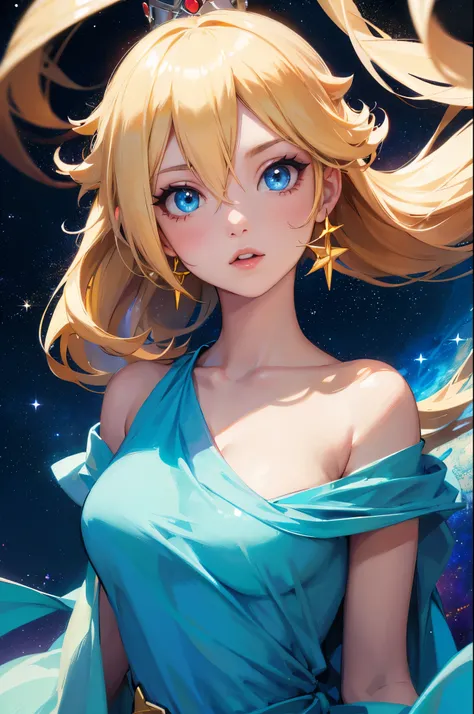 (face portrait),(masterpiece), best quality, expressive eyes, perfect face, highres, 1 girl, solo, rosalina, blonde hair, blue eyes, hair over one eye, long hair, blue dress, crown, dress, earrings, jewelry, princess, robe, bare shoulders, star earrings, s...