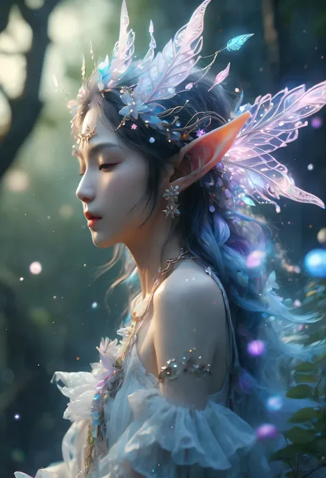 hyper detailed masterpiece, Dynamic, good quality,Liquor_dark，Elf portrait made of colorful stars，(Pointy-eared elves:1.5)，flowing skirt，cigarette hair，jungle，firefly，unrealistic，The tree of life blooms with endless vitality，Twinkling stars in the night sk...