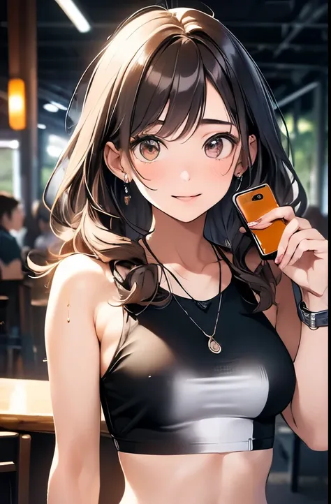 (masterpiece, best quality, ultra-detailed, highres, 4k),(beautiful detailed eyes),(very detailed face),(1girl),HDR,long hair, shorts, phone, brown eyes, brown hair, cellphone, bracelet, tank top, jewelry, watch, lips, solo focus, nail polish, blurry backg...