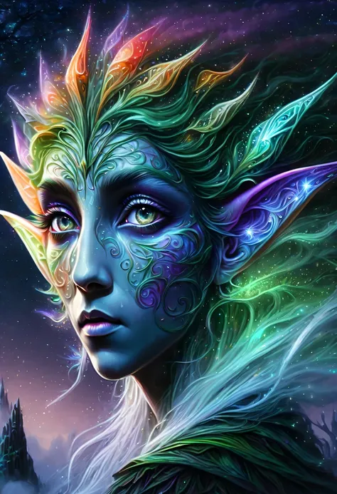 hyper detailed masterpiece, Dynamic, good quality,Liquor_dark，Elf portrait made of colorful stars，(Pointy-eared elves:1.5)，flowing skirt，cigarette hair，jungle，firefly，unrealistic，The tree of life blooms with endless vitality，Twinkling stars in the night sk...