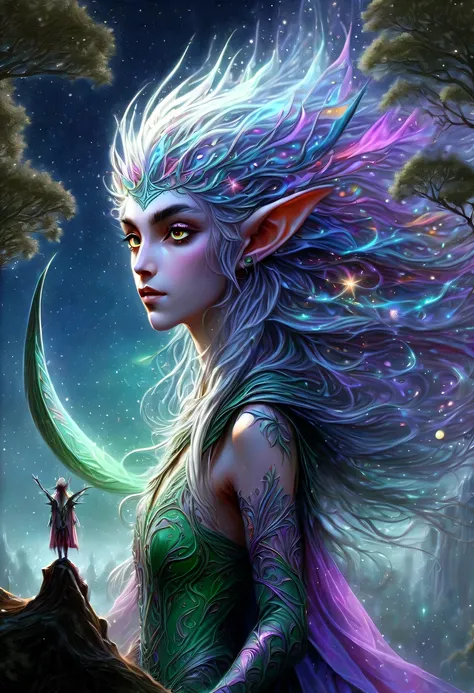 hyper detailed masterpiece, Dynamic, good quality,Liquor_dark，Elf portrait made of colorful stars，(Pointy-eared elves:1.5)，flowing skirt，cigarette hair，jungle，firefly，unrealistic，The tree of life blooms with endless vitality，Twinkling stars in the night sk...