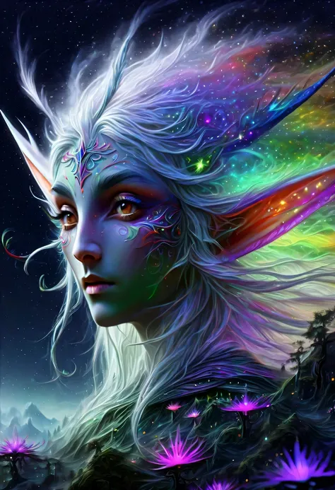 hyper detailed masterpiece, Dynamic, good quality,Liquor_dark，Elf portrait made of colorful stars，(Pointy-eared elves:1.5)，flowing skirt，cigarette hair，jungle，firefly，unrealistic，The tree of life blooms with endless vitality，Twinkling stars in the night sk...