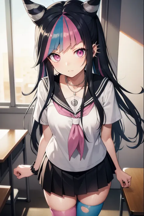 ibukimioda, ibuki mioda, black hair, blue hair, hair horns, ear piercing, lip piercing, long hair, multicolored hair, (pink eyes...